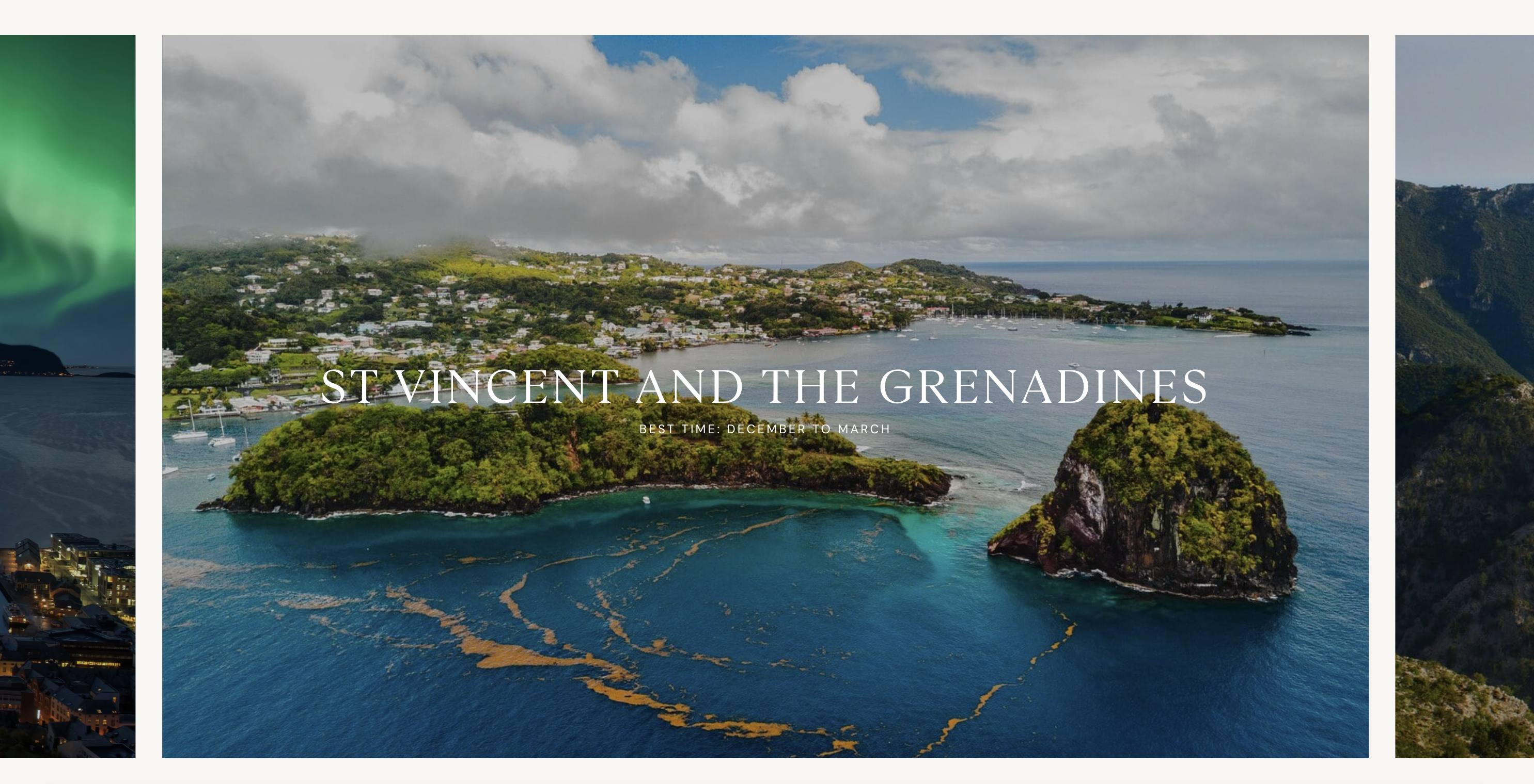 Hinde & Kitch destination pages - Norway, St Vincent and the Grenadines, and Corsica shown as immersive visual cards
