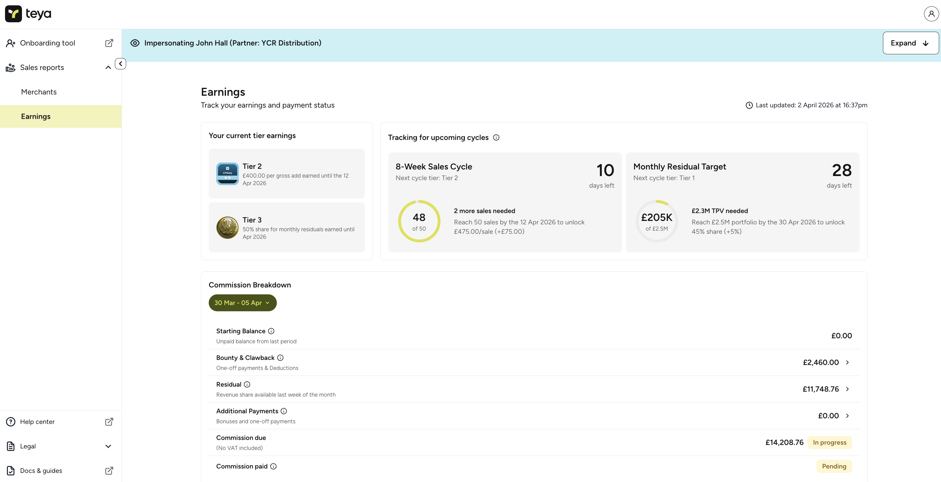 Earnings overview - tier status, sales cycle progress, and monthly residual target