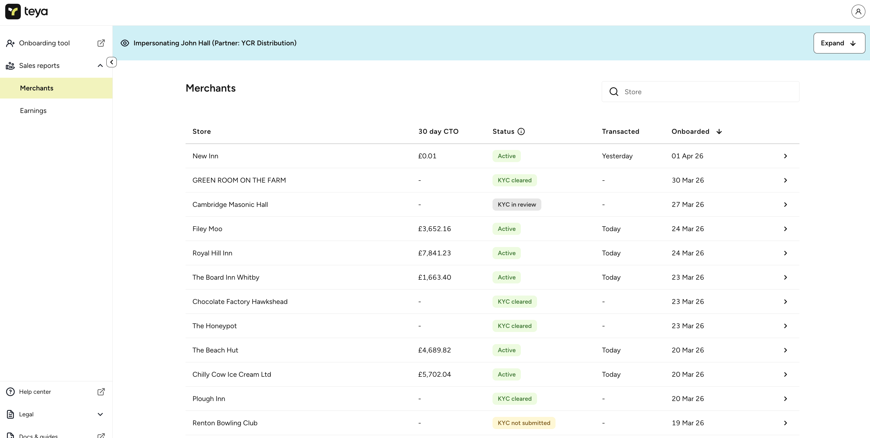 Teya Partner Portal - Merchants view showing filterable list of onboarded merchants with status indicators