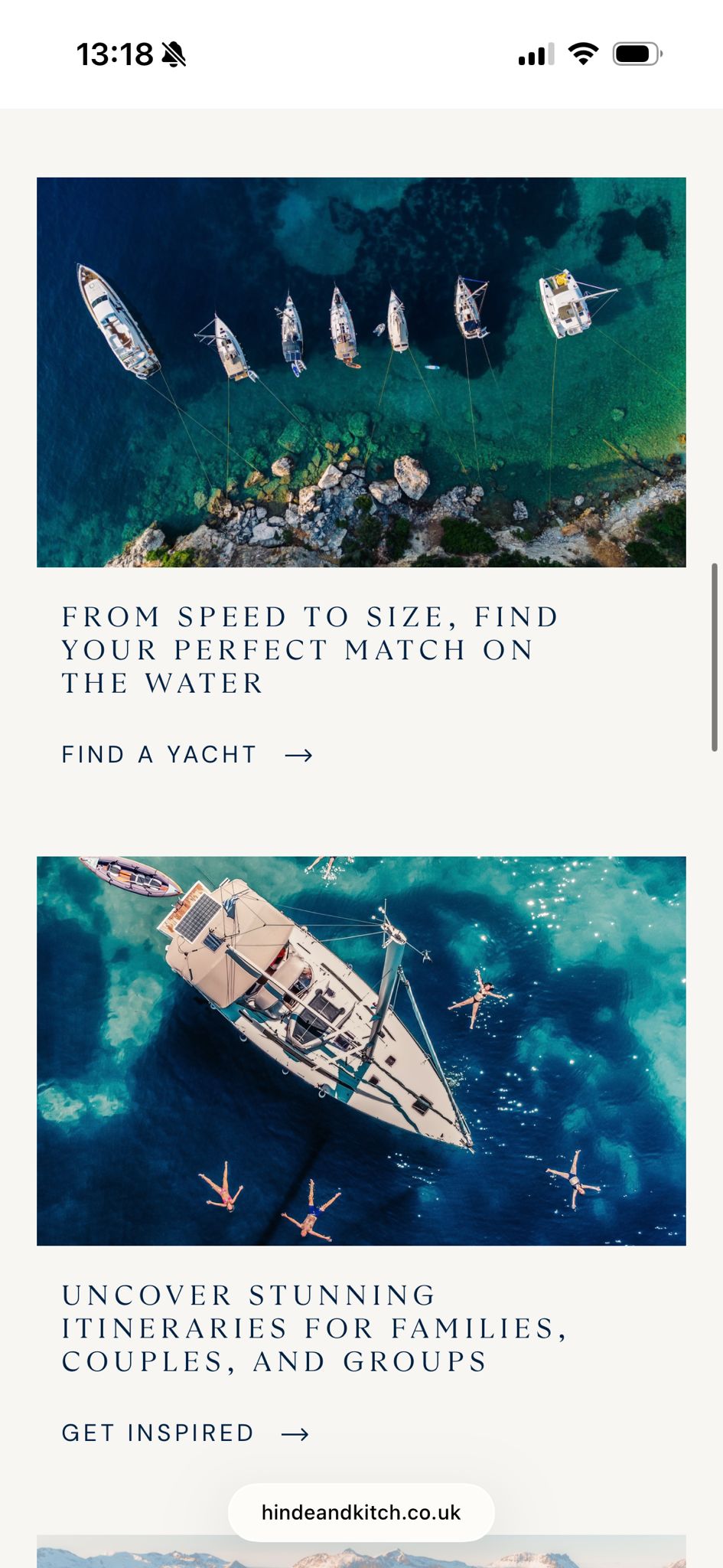 Hinde & Kitch mobile responsive design - yacht browsing and itinerary sections on iPhone
