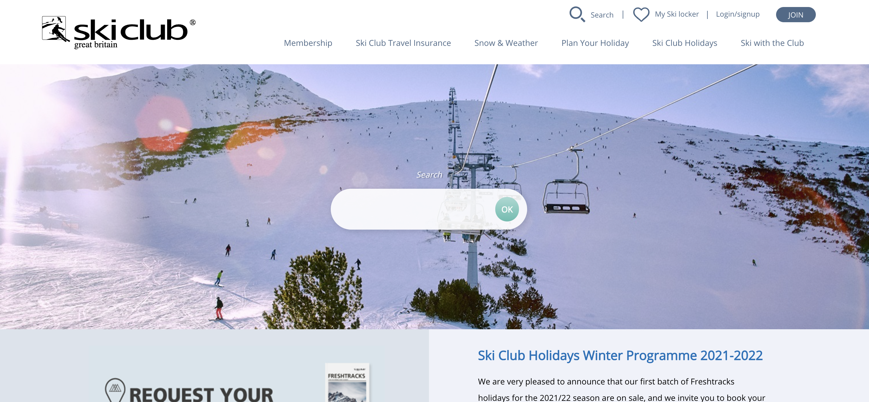 Ski Club of Great Britain website homepage showing ski resort search, membership options, and winter programme